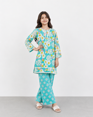 Girls Turquoise Floral Printed 2 Piece Lawn Suit with Lace Detail | Kids Summer Eastern Wear