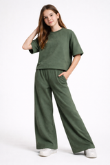 Effortless Summer Cool | Girls' Green Ribbed Knit Oversized Co-Ord Set