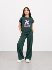 Girls Dark Green Ribbed Co-Ord Set | Graphic T-Shirt & Wide Leg Pants