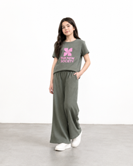 Girls Ribbed Cotton Co-Ord Set | Olive Green Graphic Tee & Wide Leg Trousers