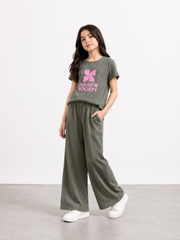 Girls Ribbed Cotton Co-Ord Set | Olive Green Graphic Tee & Wide Leg Trousers