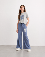 Girls NYC 80 Ribbed Co-Ord Set – Grey Graphic Tee & Blue Wide Leg Pants
