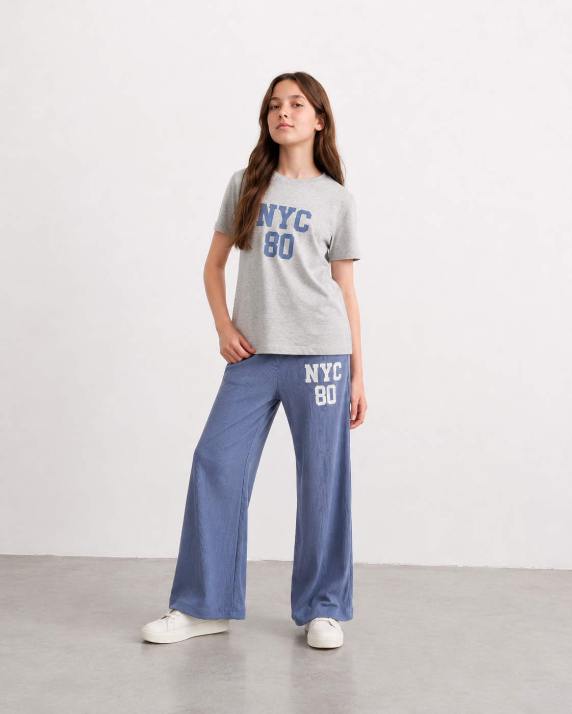 Girls NYC 80 Ribbed Co-Ord Set – Grey Graphic Tee & Blue Wide Leg Pants