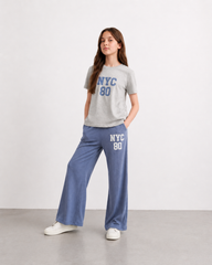 Girls NYC 80 Ribbed Co-Ord Set – Grey Graphic Tee & Blue Wide Leg Pants