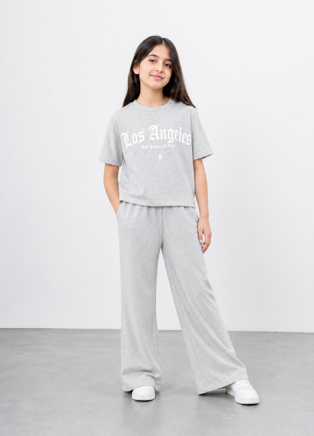 Girls Grey Ribbed "Los Angeles" Matching Co-ord Set | Crop Top & Wide-Leg Pants