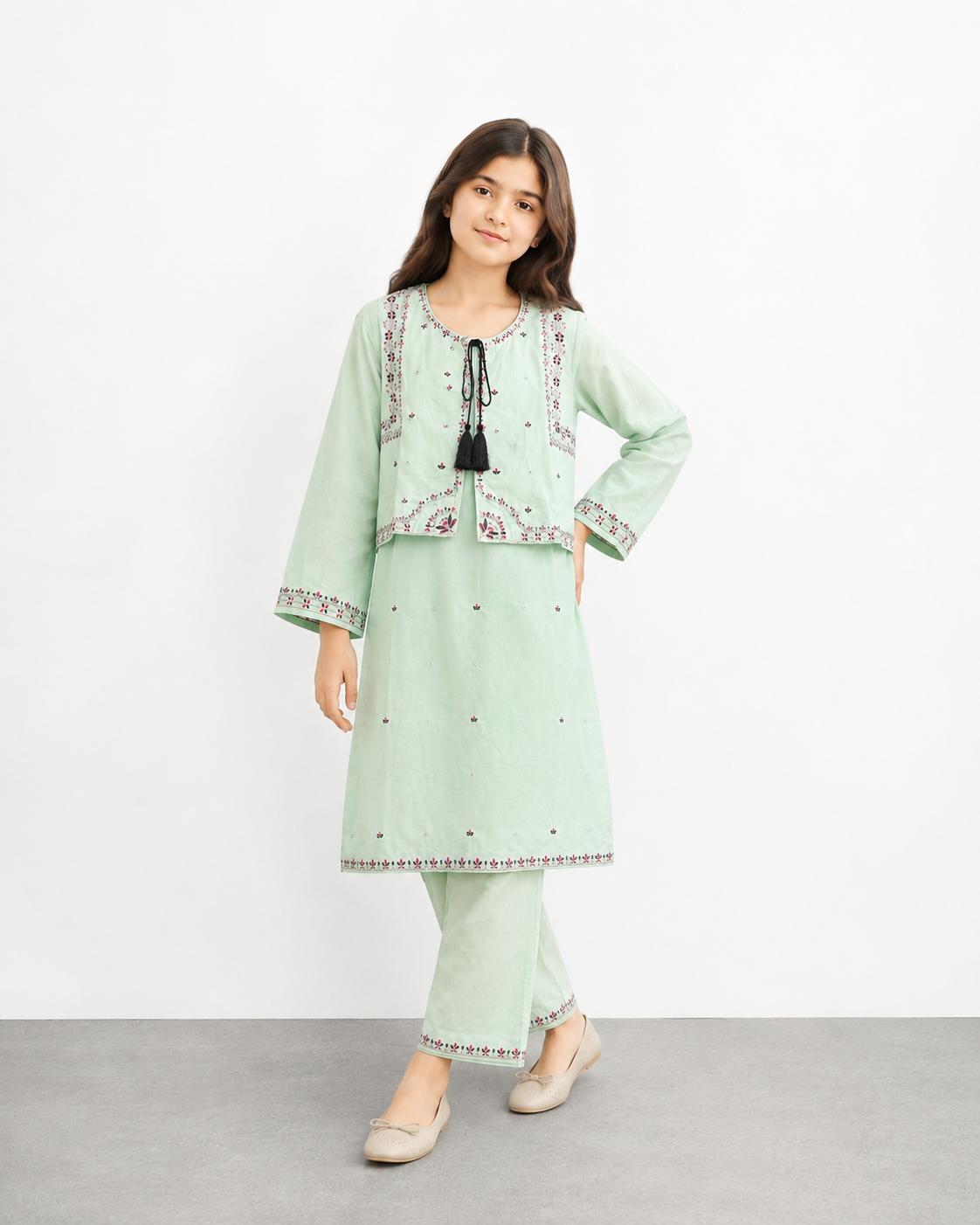 Girls Mint Green Embroidered Koti Suit with Farshi Shalwar | Onion Outfits