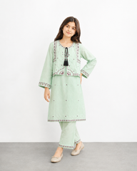 Girls Mint Green Embroidered Koti Suit with Farshi Shalwar | Onion Outfits