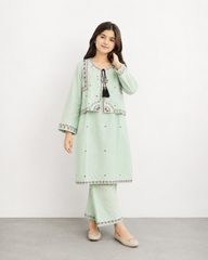 Girls Mint Green Embroidered Koti Suit with Farshi Shalwar | Onion Outfits