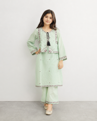 Girls Mint Green Embroidered Koti Suit with Farshi Shalwar | Onion Outfits
