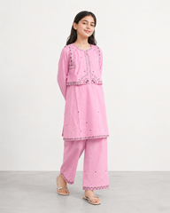 Girls Embroidered Pink Cotton 3 Piece Eastern Suit | Kids Traditional Festive Dress with Trouser & koti