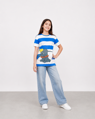 Blue & White Striped Dumbo Graphic Long T-Shirt for Kids | 100% Cotton