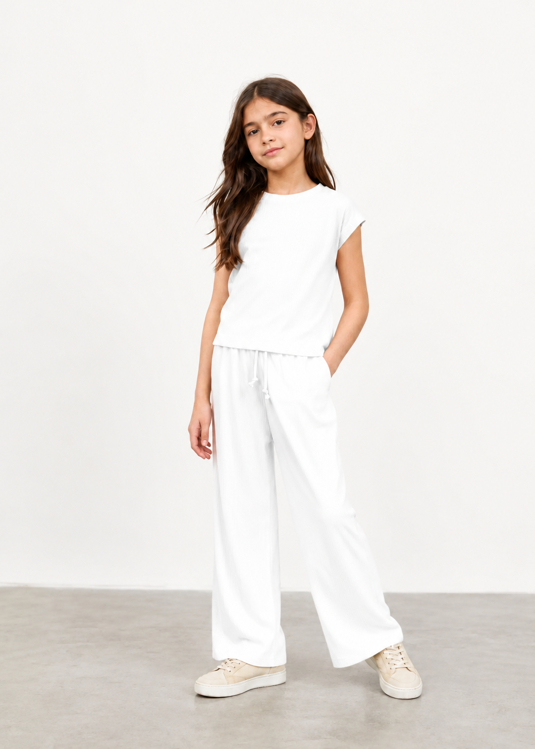 Girls Snow White Ribbed Co-Ord Set | Soft Cotton Wide Leg Lounge Set for Kids