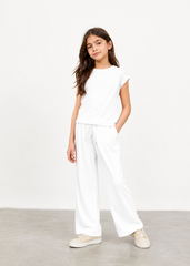 Girls Snow White Ribbed Co-Ord Set | Soft Cotton Wide Leg Lounge Set for Kids