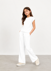 Girls Snow White Ribbed Co-Ord Set | Soft Cotton Wide Leg Lounge Set for Kids