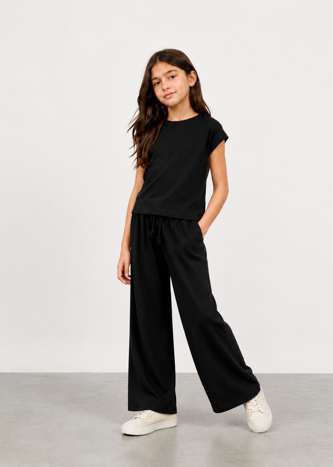Girls Black Ribbed Co-Ord Set | Premium Cotton Wide Leg Lounge Set