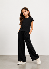 Girls Black Ribbed Co-Ord Set | Premium Cotton Wide Leg Lounge Set