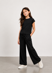 Girls Black Ribbed Co-Ord Set | Premium Cotton Wide Leg Lounge Set