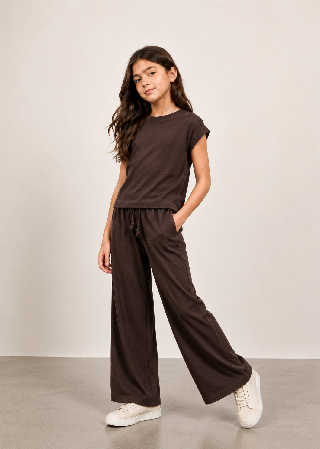 Girls Brown Ribbed Co-Ord Set | Premium Cotton Wide Leg Lounge Set