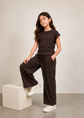Girls Brown Ribbed Co-Ord Set | Premium Cotton Wide Leg Lounge Set