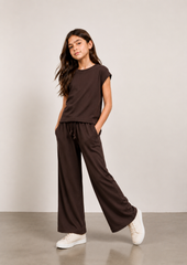 Girls Brown Ribbed Co-Ord Set | Premium Cotton Wide Leg Lounge Set