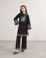 Girls Black Embroidered Kurti Trouser Set – Floral & Bird Design Wide Leg Co-Ord Outfit