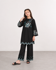 Girls Black Embroidered Kurti Trouser Set – Floral & Bird Design Wide Leg Co-Ord Outfit