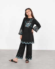 Girls Black Embroidered Kurti Trouser Set – Floral & Bird Design Wide Leg Co-Ord Outfit