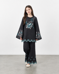 Girls Black Embroidered Kurti Trouser Set – Floral & Bird Design Wide Leg Co-Ord Outfit