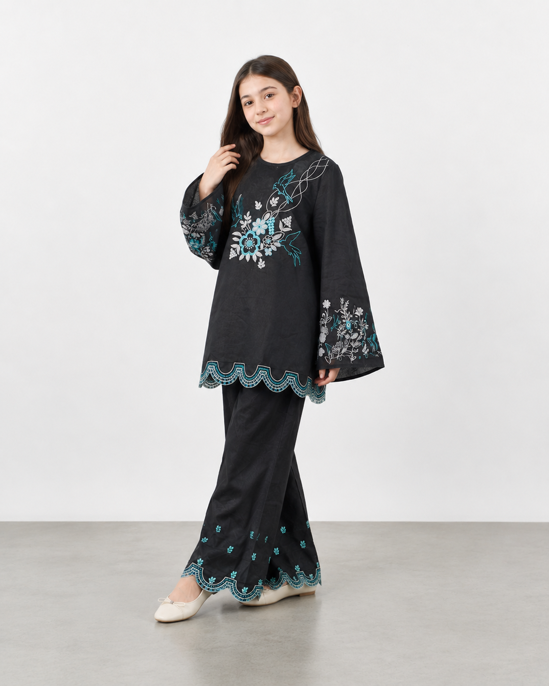 Girls Black Embroidered Kurti Trouser Set – Floral & Bird Design Wide Leg Co-Ord Outfit