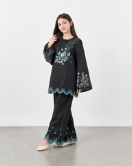Girls Black Embroidered Kurti Trouser Set – Floral & Bird Design Wide Leg Co-Ord Outfit