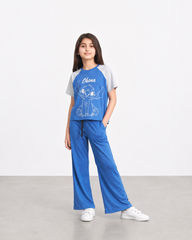 Girls Ohana Stitch Ribbed Co-Ord Set – Blue Short Sleeve T-Shirt & Wide Leg Pants