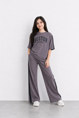 Girls Boston Printed Co-Ord Set | Oversized Tee with Flared Pants
