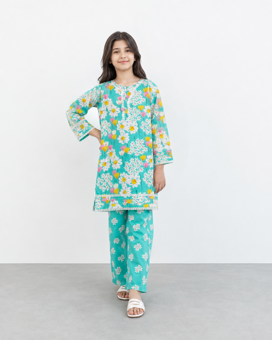 Girls Turquoise Floral Printed 2 Piece Lawn Suit with Lace Detail | Kids Summer Eastern Wear