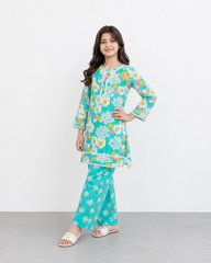 Girls Turquoise Floral Printed 2 Piece Lawn Suit with Lace Detail | Kids Summer Eastern Wear
