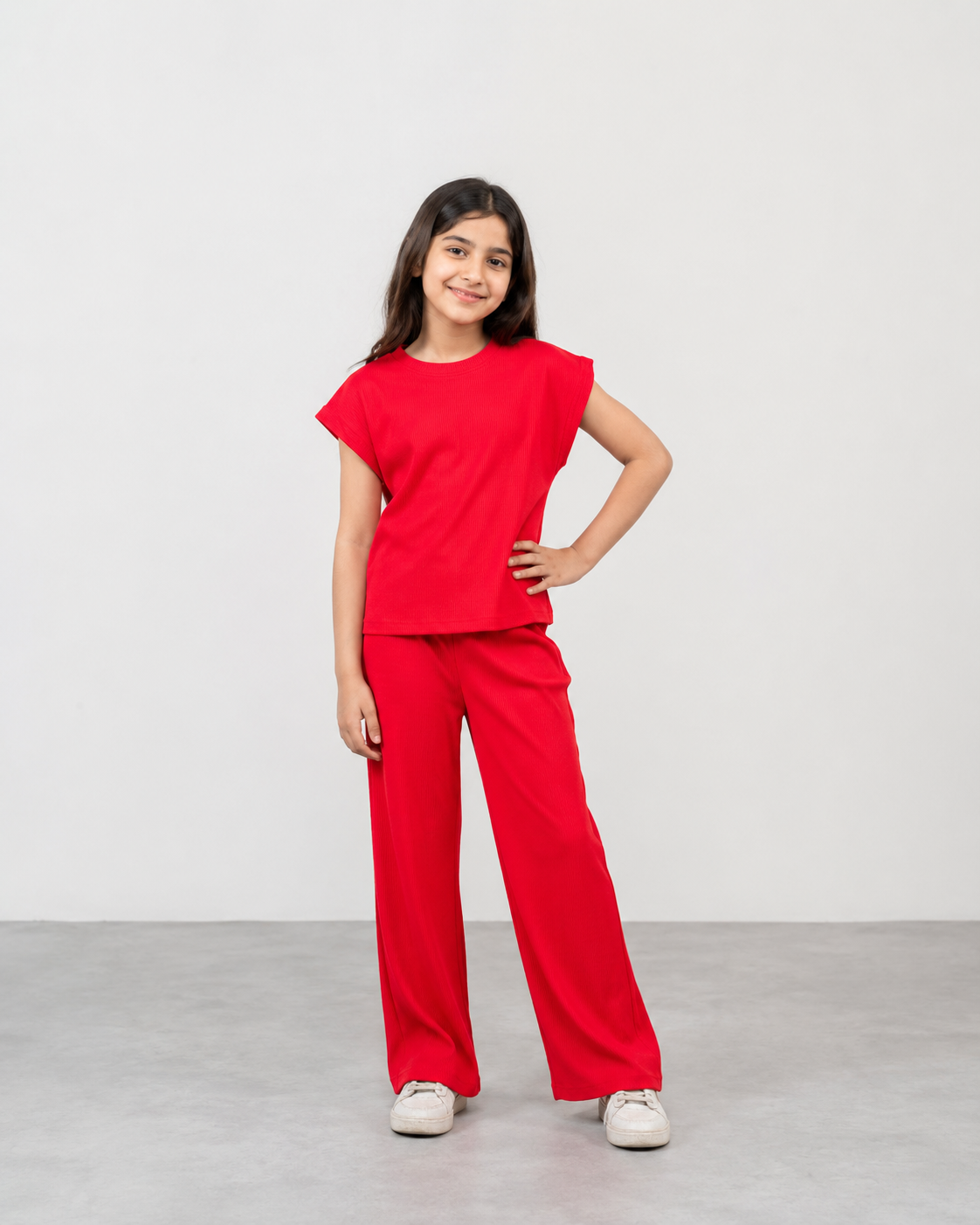 Girls' 2-Piece Ribbed Co-ord Set – Loose Fit Short Sleeve Top & Wide Leg Pants
