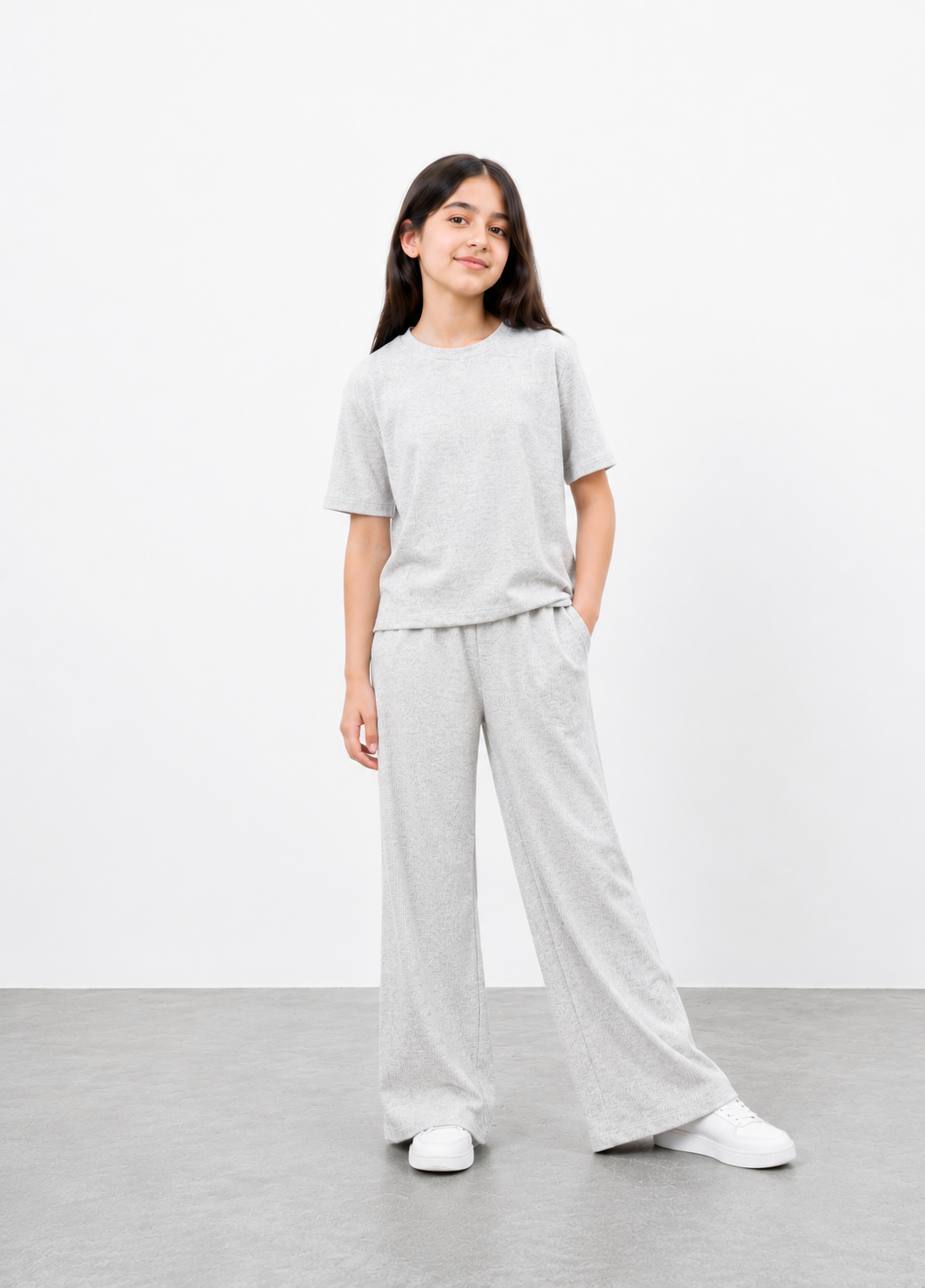 Girls Grey Wide Leg Co-Ord Set | Premium Cotton Rib Lounge Wear
