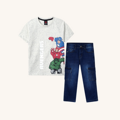 Kids Soft Cotton Marvel T Shirt paired with Dark blue denim Pants
