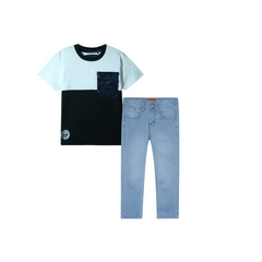 Kids Soft panel with pocket T Shirt paired with light blue slim fit denim Pants