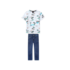 Kids Soft Allover Print T Shirt paired with Dark blue slim fit denim Pants