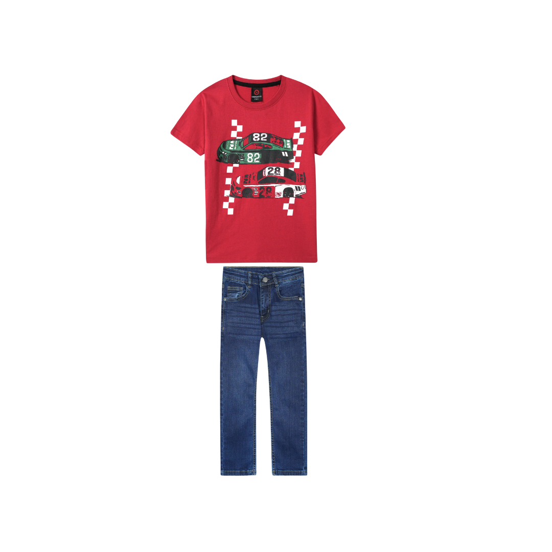 Kids Soft Cars Print T Shirt paired with Dark blue slim fit denim Pants