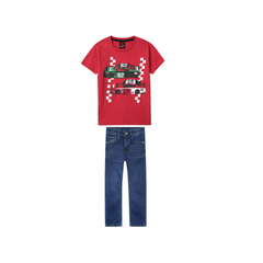 Kids Soft Cars Print T Shirt paired with Dark blue slim fit denim Pants