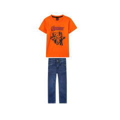 Kids Soft Marvel T Shirt paired with Dark blue slim fit denim Pants