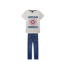 Kids Soft Captain America T Shirt paired with Dark blue slim fit denim Pants