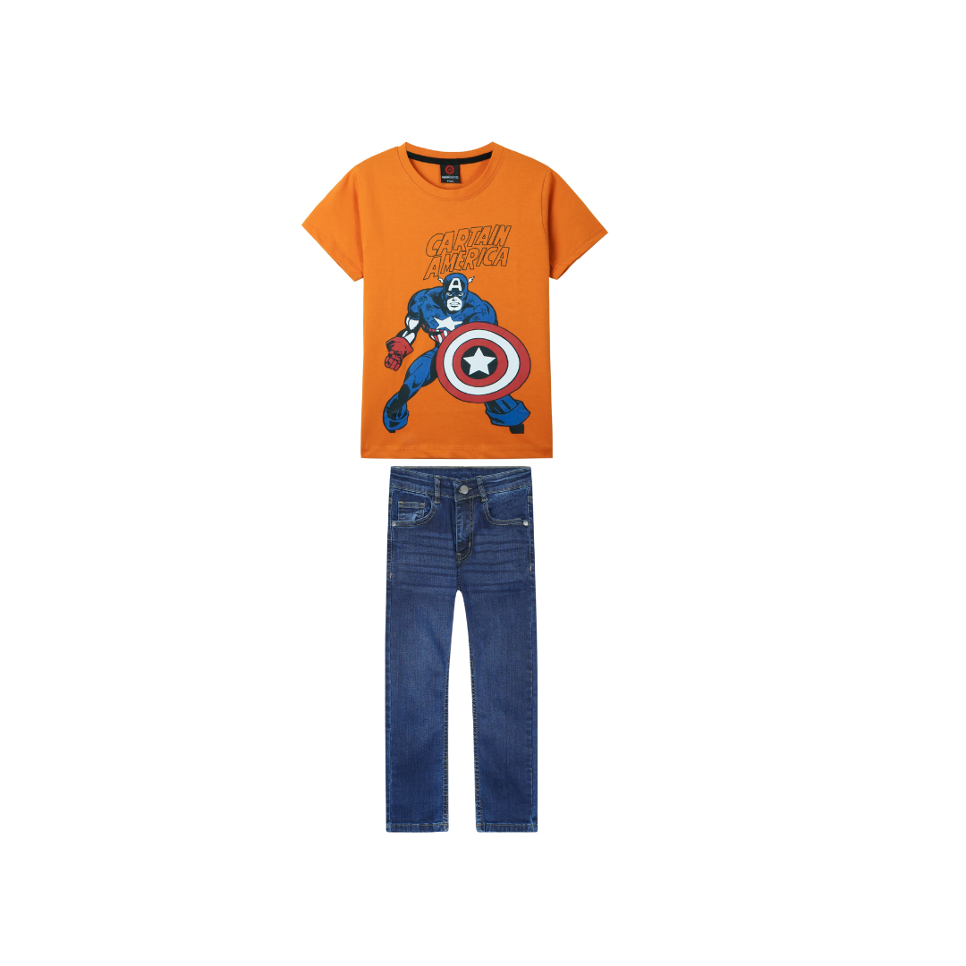 Kids Soft Captain America Mustard T Shirt paired with Dark blue slim fit denim Pants