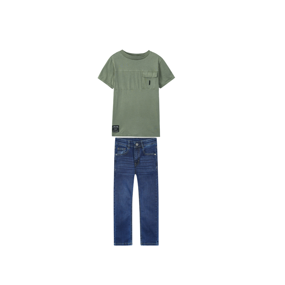 Kids Soft Olive Green T Shirt paired with Dark blue slim fit denim Pants