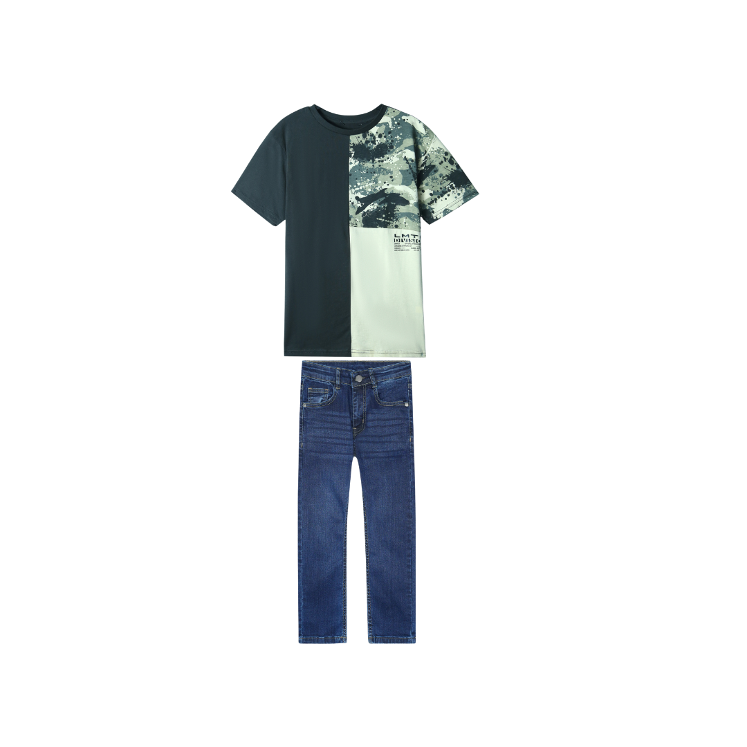 Kids Soft Olive Green T Shirt paired with Dark blue slim fit denim Pants
