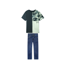 Kids Soft Olive Green T Shirt paired with Dark blue slim fit denim Pants