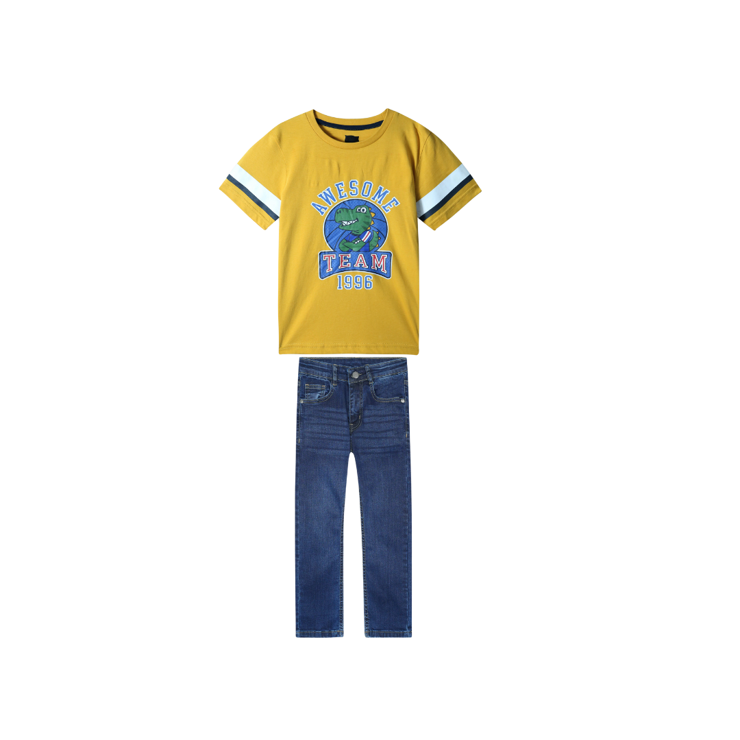 Kids Soft Yellow T Shirt paired with Dark blue slim fit denim Pants