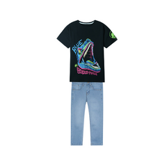 Kids Soft black Dino T Shirt paired with light blue slim fit denim Pants