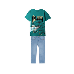 Kids Soft Dino green T Shirt paired with light blue slim fit denim Pants